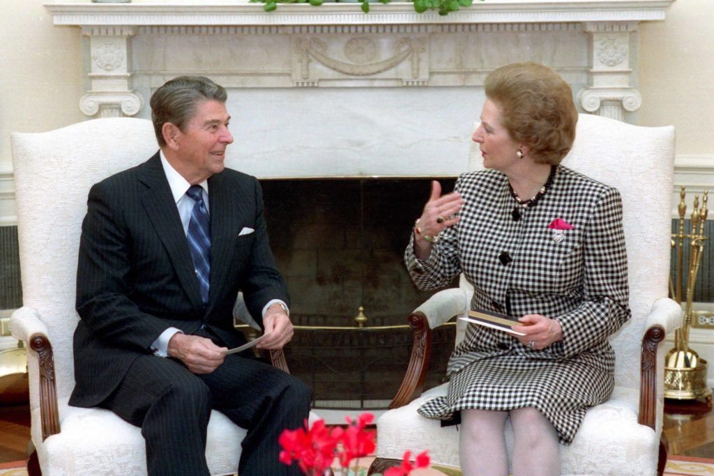 11/16/1988 President Reagan meeting with Prime Minister Margaret Thatcher of the United Kingdom in the oval office