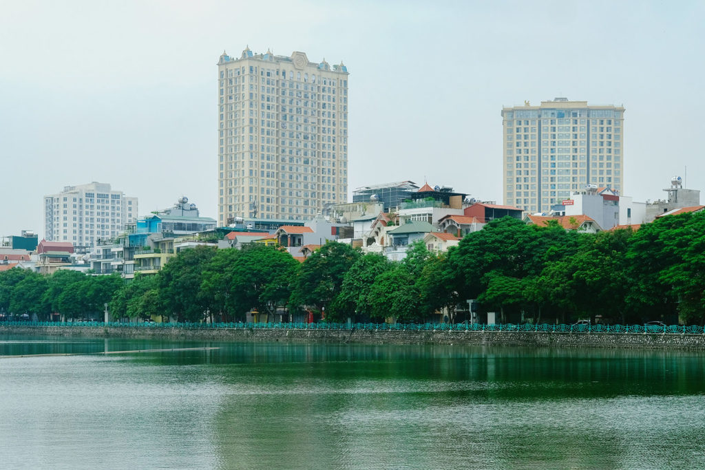 West Lake, Tây Hồ, Hanoi, Vietnam buildings overlookign a lake