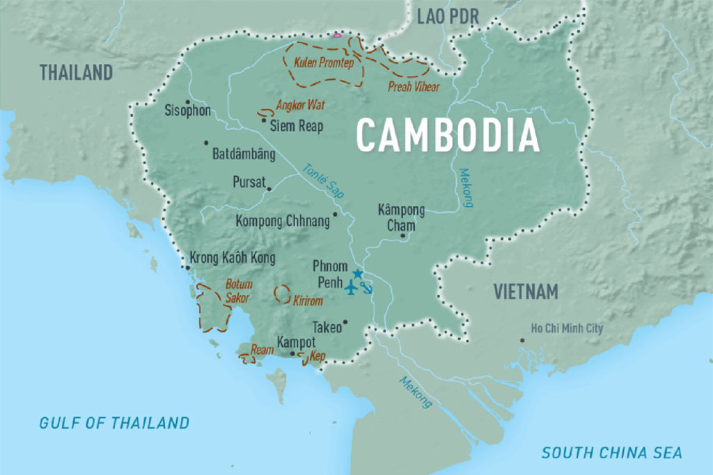 Map of Cambodia showing rivers and major Cities