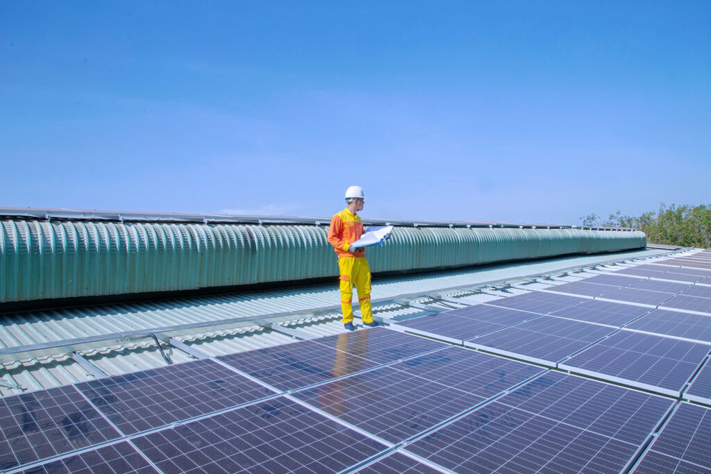 Man in florescent uniform, wearing a hard hat, holding a binder, in the middle of solar panels on the ground