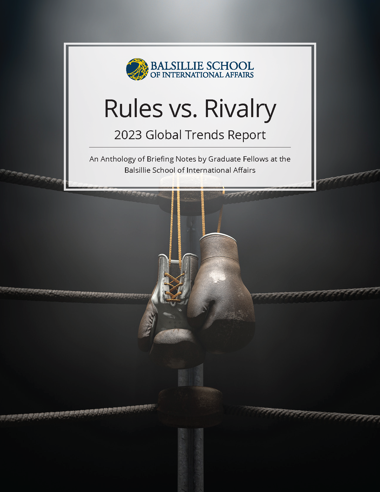 Title of the anthology "Rules vs Rivalry" in a box with a photo of boxer gloves and the corner of a boxing ring on a black background behind the title box.