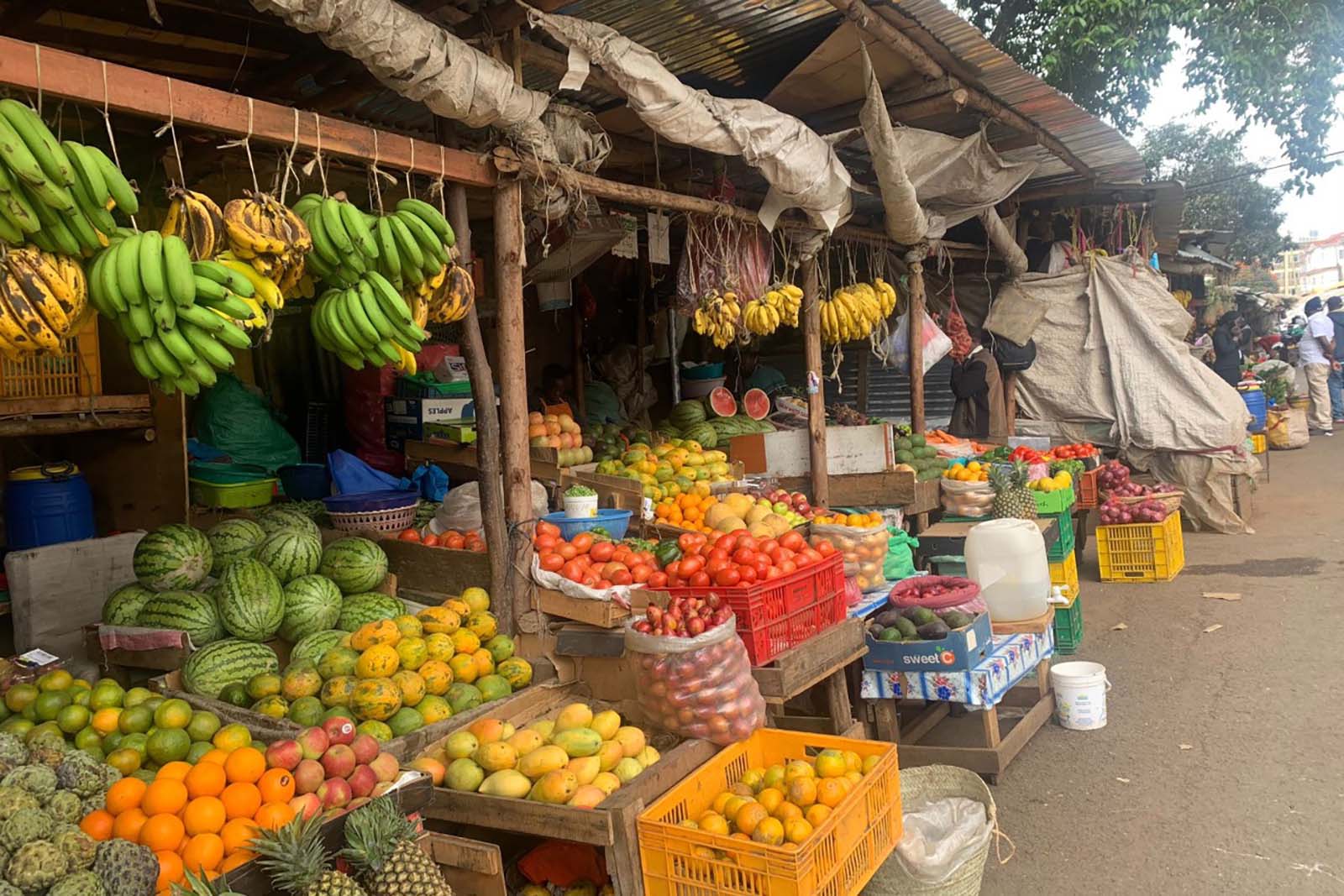 Different kinds of fruit in baskets and hanging from the roof of a outdoor market