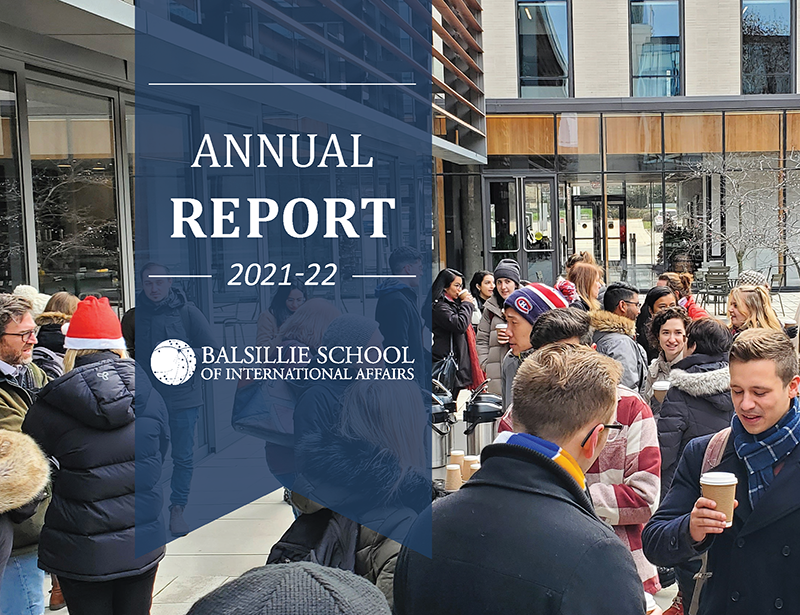 Annual report title on a blue ribbon covering a photo of people drinking beverages outside with the CIGI building in the background