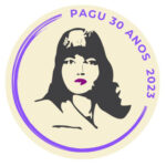 Drawing of a woman with long black hair inside a circle with the words "Pagu 30 Anos 2023" 