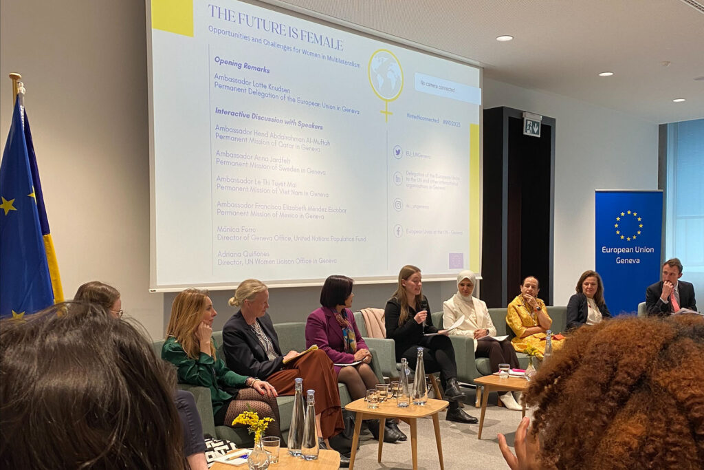 Nine women sitting in chairs in front of an audience. A banner with the European Union symbol is behind two people and the EU flag is behind someone else. A presentation is on the screen.