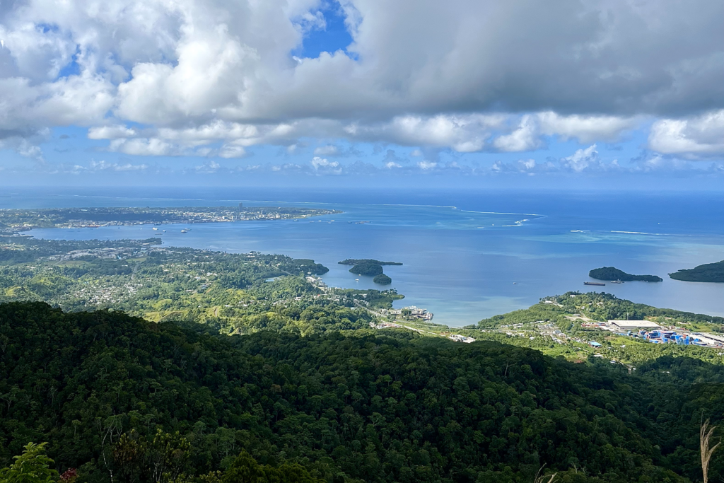 Looking down from a hill with trees on the hill, leading to a large body of water. Clouds are in the sky.