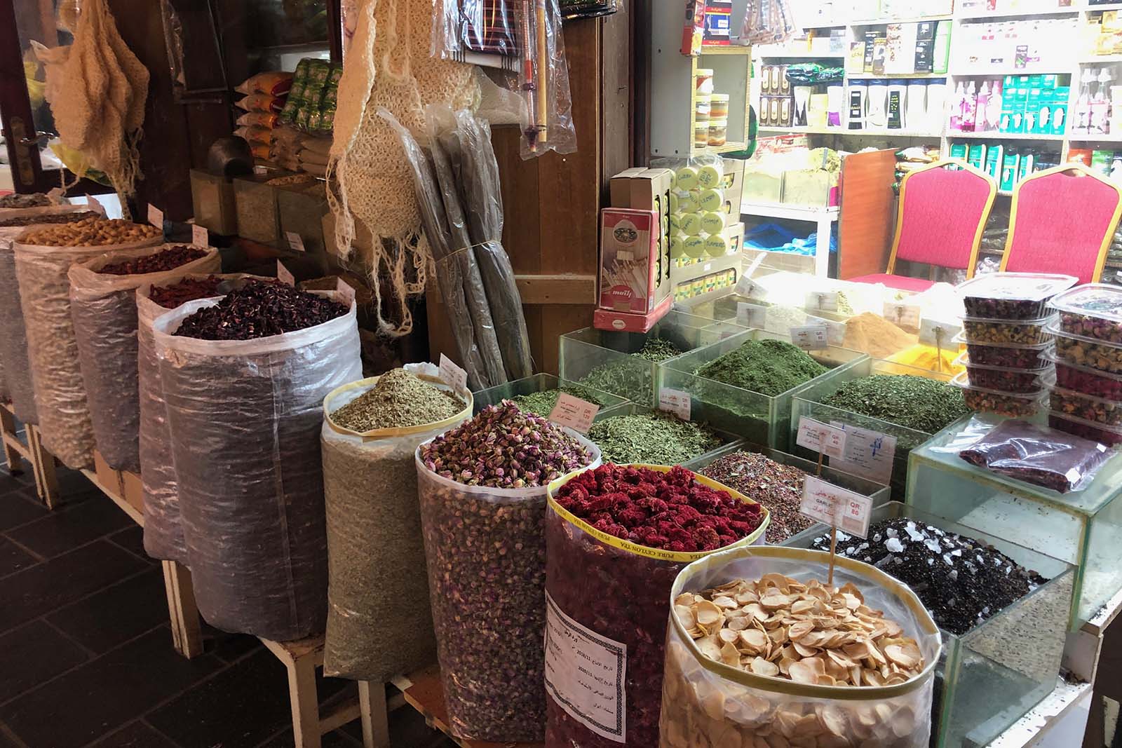 Different grains in bags in a food market