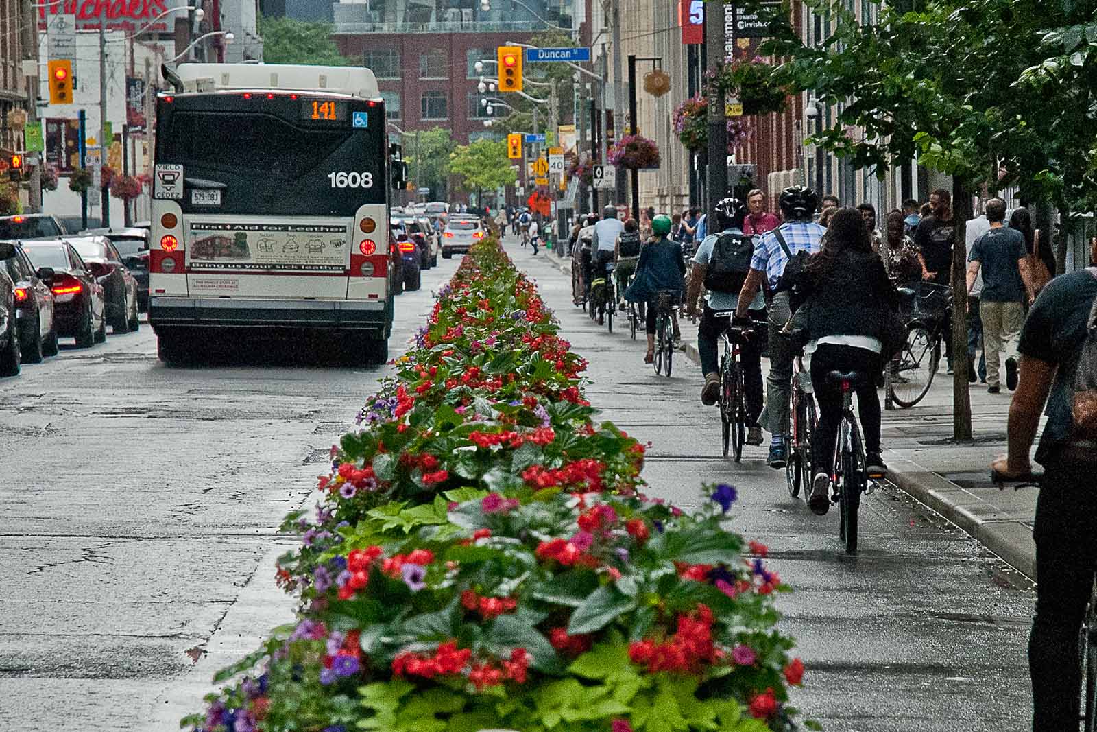 Richmond / Adelaide bike lanes - Toronto, Canada. A flowerbed separates the bike lane from car and bus traffic