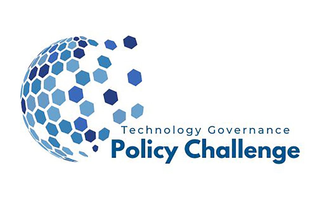 Hexagons floating toward a sphere to form a globe with the wording Technology Governance Policy Challenge at the bottom