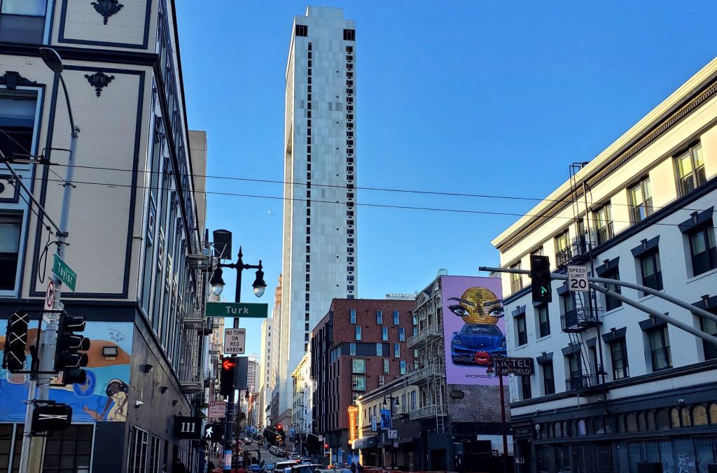 Photo of a street in San Francisco with a blue sky.