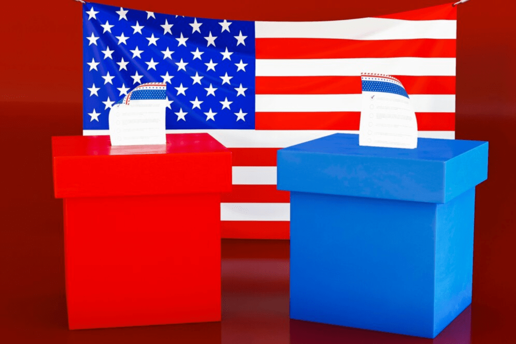 The U.S. flag with a red ballot box and a blue ballot box.